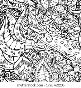 Tracery seamless pattern. Mehndi design. Ethnic monochrome binary doodle texture. Curved doodling black and white background. Vector