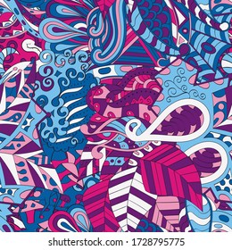 Tracery seamless pattern. Mehndi design. Ethnic colorful doodle texture. Curved doodling background. Vector