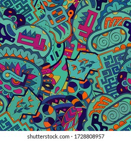 Tracery seamless pattern. Mehndi design. Ethnic colorful doodle texture. Curved doodling background. Vector