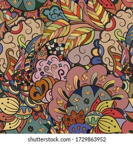 Tracery seamless pattern. Mehndi design. Ethnic colorful doodle texture. Curved doodling background. Vector
