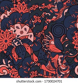 Tracery seamless pattern. Mehndi design. Ethnic colorful doodle texture. Curved doodling background. Vector