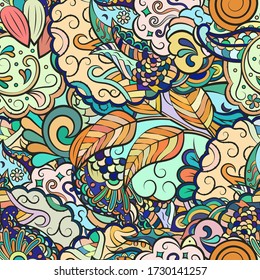 Tracery seamless pattern. Mehndi design. Ethnic colorful doodle texture. Curved doodling background. Vector