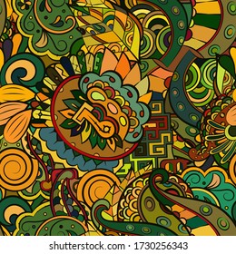 Tracery seamless pattern. Mehndi design. Ethnic colorful doodle texture. Curved doodling background. Vector