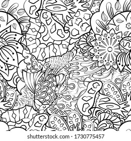 Tracery seamless pattern. Mehndi design. Ethnic monochrome binary doodle texture. Curved doodling black and white background. Vector