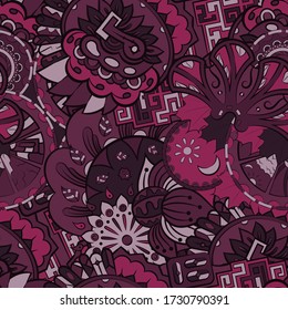 Tracery seamless pattern. Mehndi design. Ethnic colorful doodle texture. Curved doodling background. Vector