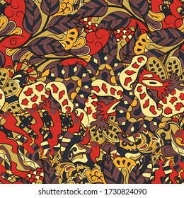 Tracery seamless pattern. Mehndi design. Ethnic colorful doodle texture. Curved doodling background. Vector