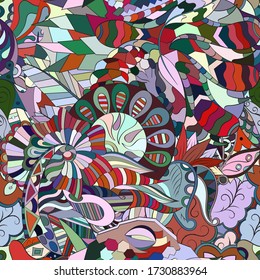 Tracery seamless pattern. Mehndi design. Ethnic colorful doodle texture. Curved doodling background. Vector