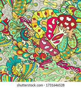 Tracery seamless pattern. Mehndi design. Ethnic colorful doodle texture. Curved doodling background. Vector