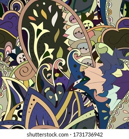 Tracery seamless pattern. Mehndi design. Ethnic colorful doodle texture. Curved doodling background. Vector