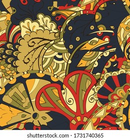 Tracery seamless pattern. Mehndi design. Ethnic colorful doodle texture. Curved doodling background. Vector