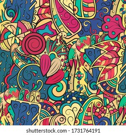 Tracery seamless pattern. Mehndi design. Ethnic colorful doodle texture. Curved doodling background. Vector