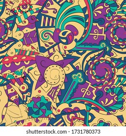 Tracery seamless pattern. Mehndi design. Ethnic colorful doodle texture. Curved doodling background. Vector