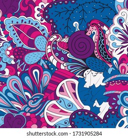 Tracery seamless pattern. Mehndi design. Ethnic colorful doodle texture. Curved doodling background. Vector