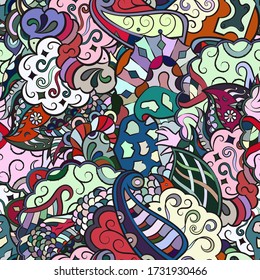 Tracery seamless pattern. Mehndi design. Ethnic colorful doodle texture. Curved doodling background. Vector
