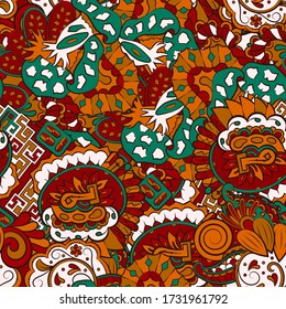 Tracery seamless pattern. Mehndi design. Ethnic colorful doodle texture. Curved doodling background. Vector