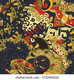 Tracery seamless pattern. Mehndi design. Ethnic colorful doodle texture. Curved doodling background. Vector