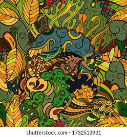 Tracery seamless pattern. Mehndi design. Ethnic colorful doodle texture. Curved doodling background. Vector