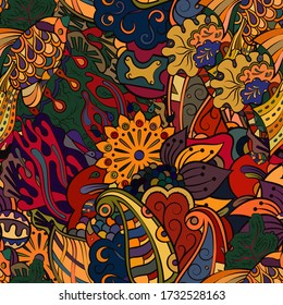 Tracery seamless pattern. Mehndi design. Ethnic colorful doodle texture. Curved doodling background. Vector