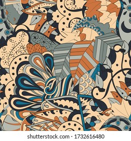 Tracery seamless pattern. Mehndi design. Ethnic colorful doodle texture. Curved doodling background. Vector