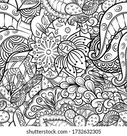 Tracery seamless pattern. Mehndi design. Ethnic monochrome binary doodle texture. Curved doodling black and white background. Vector