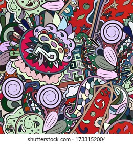 Tracery seamless pattern. Mehndi design. Ethnic colorful doodle texture. Curved doodling background. Vector