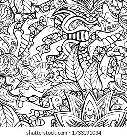 Tracery seamless pattern. Mehndi design. Ethnic monochrome binary doodle texture. Curved doodling black and white background. Vector