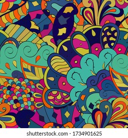 Tracery seamless pattern. Mehndi design. Ethnic colorful doodle texture. Curved doodling background. Vector