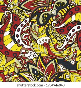 Tracery seamless pattern. Mehndi design. Ethnic colorful doodle texture. Curved doodling background. Vector