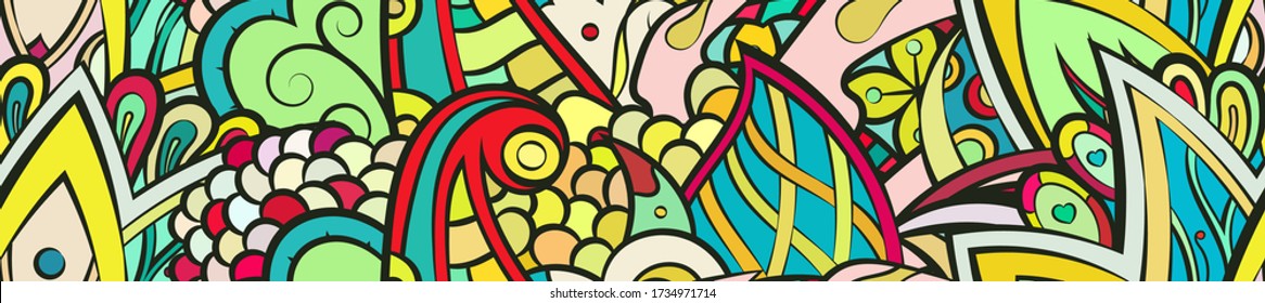 Tracery seamless pattern. Mehndi design. Ethnic colorful doodle texture. Curved doodling background. Vector
