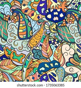 Tracery seamless pattern. Mehndi design. Ethnic colorful doodle texture. Curved doodling background. Vector