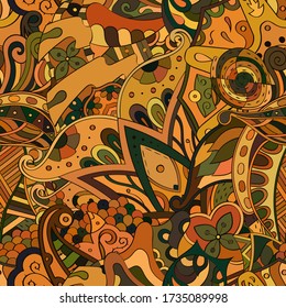 Tracery seamless pattern. Mehndi design. Ethnic colorful doodle texture. Curved doodling background. Vector