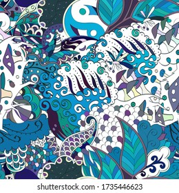 Tracery seamless pattern. Mehndi design. Ethnic colorful doodle texture. Curved doodling background. Vector