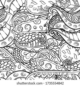 Tracery seamless pattern. Mehndi design. Ethnic monochrome binary doodle texture. Curved doodling black and white background. Vector