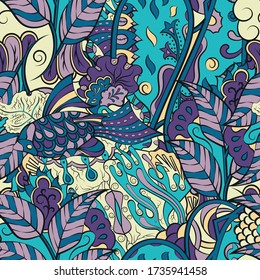 Tracery seamless pattern. Mehndi design. Ethnic colorful doodle texture. Curved doodling background. Vector