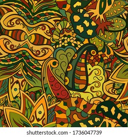 Tracery seamless pattern. Mehndi design. Ethnic colorful doodle texture. Curved doodling background. Vector