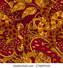 Tracery seamless pattern. Mehndi design. Ethnic colorful doodle texture. Curved doodling background. Vector