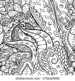 Tracery seamless pattern. Mehndi design. Ethnic monochrome binary doodle texture. Curved doodling black and white background. Vector