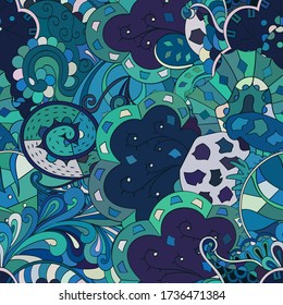 Tracery seamless pattern. Mehndi design. Ethnic colorful doodle texture. Curved doodling background. Vector