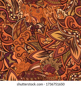 Tracery seamless pattern. Mehndi design. Ethnic colorful doodle texture. Curved doodling background. Vector