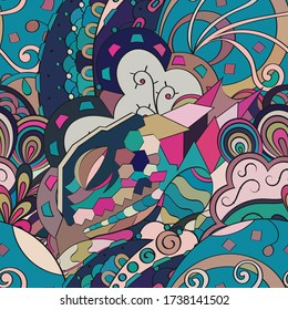 Tracery seamless pattern. Mehndi design. Ethnic colorful doodle texture. Curved doodling background. Vector