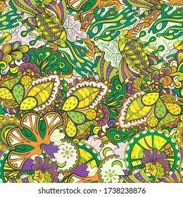 Tracery seamless pattern. Mehndi design. Ethnic colorful doodle texture. Curved doodling background. Vector