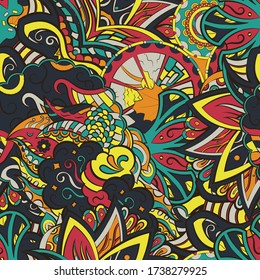 Tracery seamless pattern. Mehndi design. Ethnic colorful doodle texture. Curved doodling background. Vector