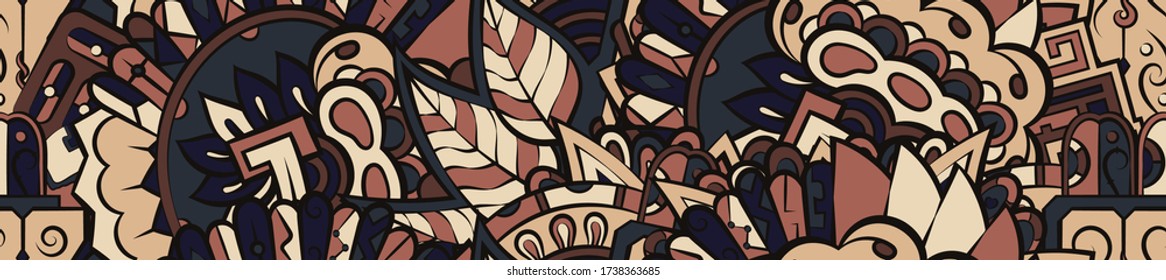 Tracery seamless pattern. Mehndi design. Ethnic colorful doodle texture. Curved doodling background. Vector