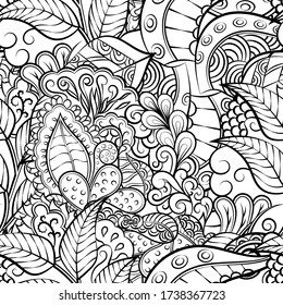 Tracery seamless pattern. Mehndi design. Ethnic monochrome binary doodle texture. Curved doodling black and white background. Vector