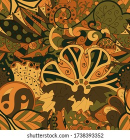 Tracery seamless pattern. Mehndi design. Ethnic colorful doodle texture. Curved doodling background. Vector