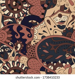 Tracery seamless pattern. Mehndi design. Ethnic colorful doodle texture. Curved doodling background. Vector