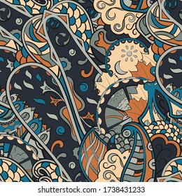 Tracery seamless pattern. Mehndi design. Ethnic colorful doodle texture. Curved doodling background. Vector