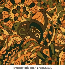 Tracery seamless pattern. Mehndi design. Ethnic colorful doodle texture. Curved doodling background. Vector