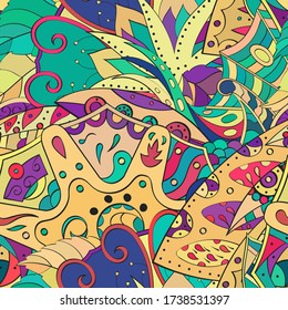 Tracery seamless pattern. Mehndi design. Ethnic colorful doodle texture. Curved doodling background. Vector