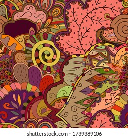 Tracery seamless pattern. Mehndi design. Ethnic colorful doodle texture. Curved doodling background. Vector